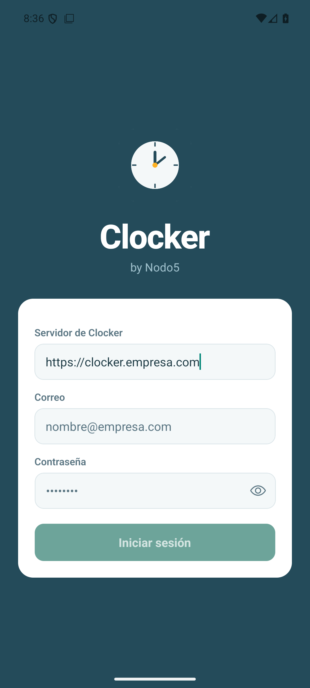 Pantalla de inicio de sesión de la app Android, mostrando la configuración de la instancia a la que se conecta.